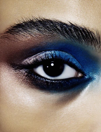 Macro close-up of a human eye with blue and purple eyeshadow, featuring a dark eyebrow and focus on intricate eye makeup.