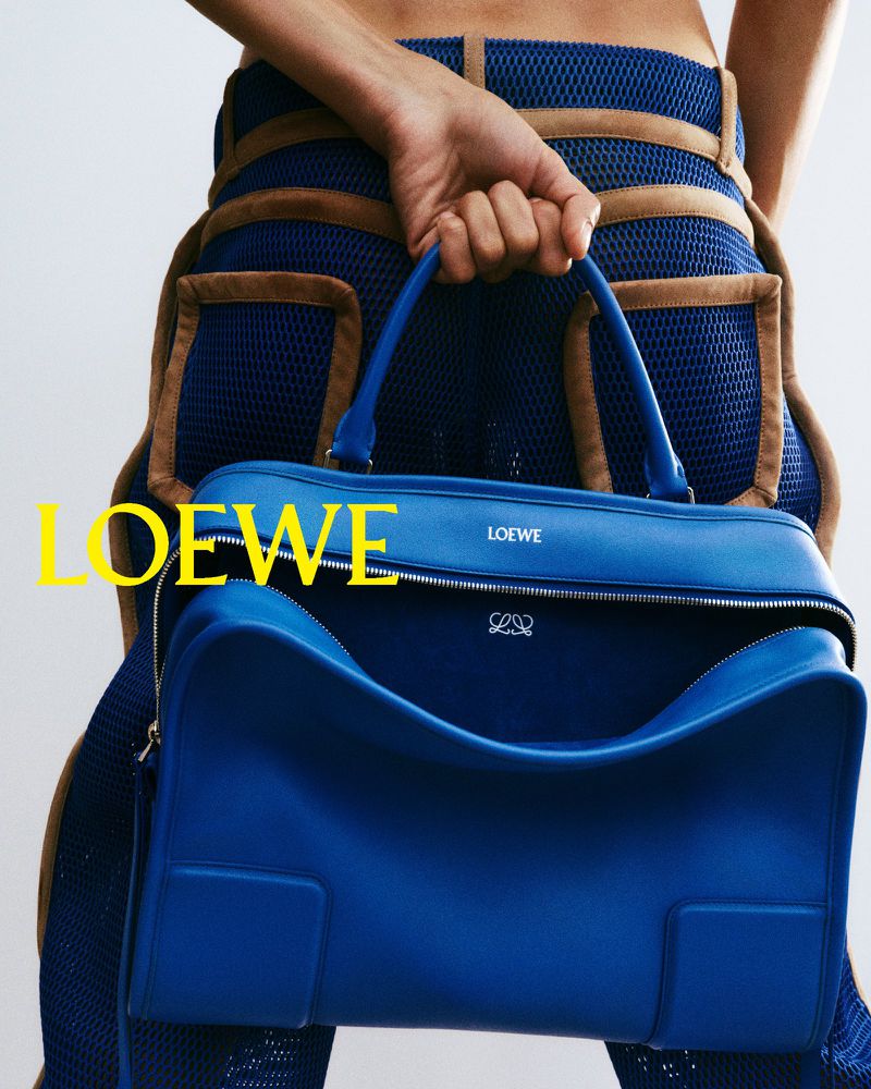 Blue Loewe handbag held by a person wearing a navy blue mesh outfit with brown accents. Fashion shot against a white backdrop.