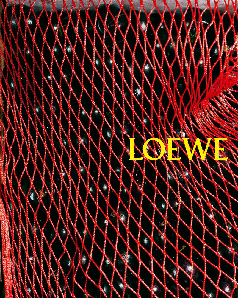 A red netting filled with dark objects and featuring the yellow text overlay 'LOEWE', creating an abstract and textured image.