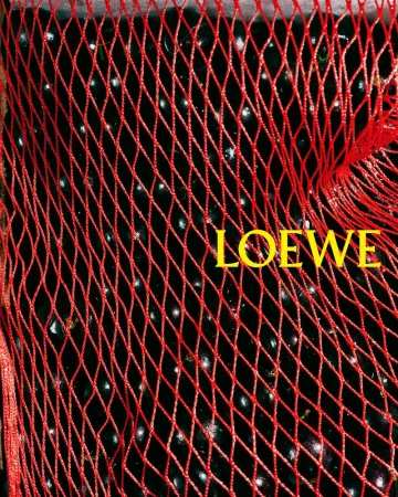 A red netting filled with dark objects and featuring the yellow text overlay 'LOEWE', creating an abstract and textured image.