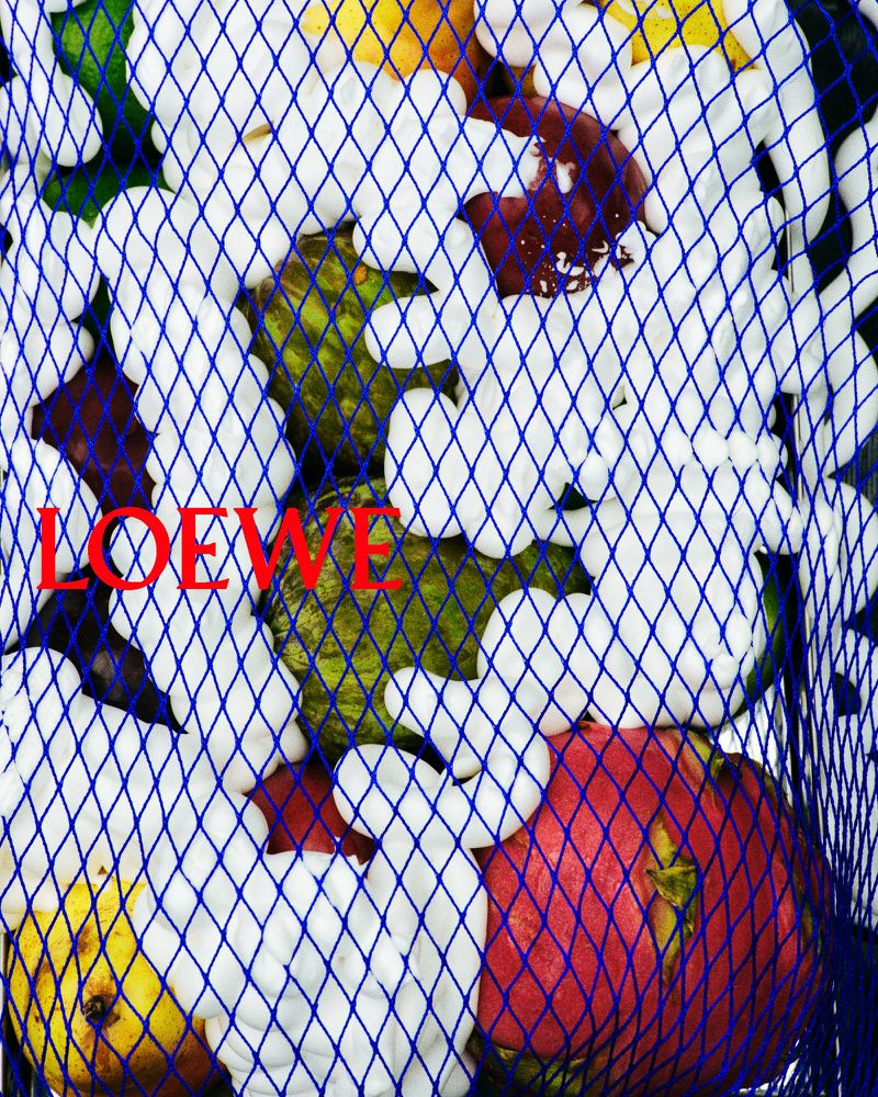 Still life with colorful fruit including apples, pears, dragon fruit, and white packing peanuts contained in a blue mesh bag with text overlay.