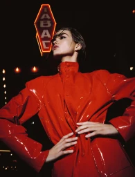 Model Luna Bijl wearing a glossy red vinyl jacket under a glowing Tabac neon sign at night
