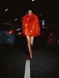 Model Luna Bijl wearing a vibrant orange feathered coat walking on a city street at night for Numéro France
