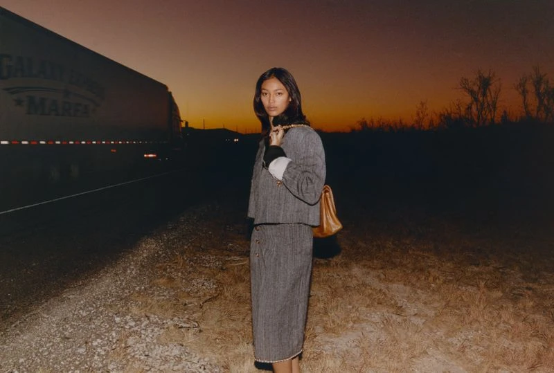 Asian woman in grey skirt suit poses near a road at dusk with large truck, dry grass, and orange sky.