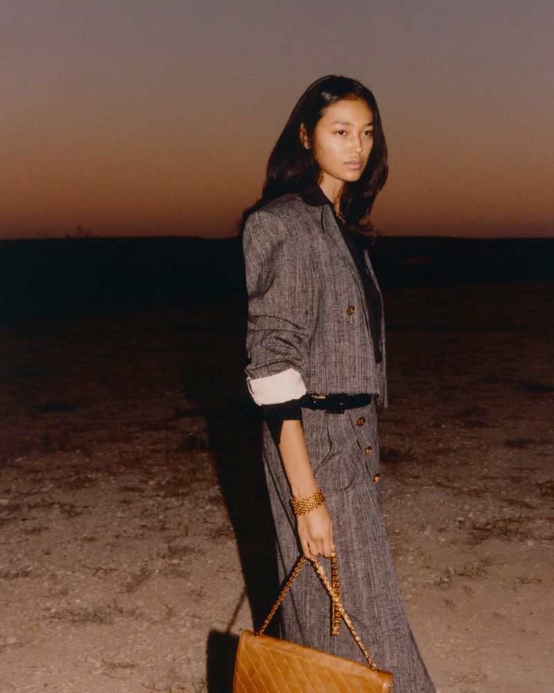 Fashionable woman in a blazer and skirt holding a purse against a dusk sky, exuding elegance and style for fashion visual search.
