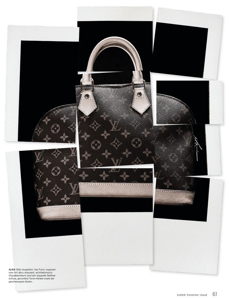 Fashion editorial featuring a Louis Vuitton Alma handbag in a collage of Polaroid-style frames, set against a black background, clean, modern.