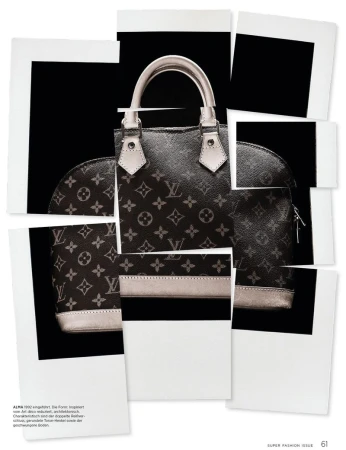 Fashion editorial featuring a Louis Vuitton Alma handbag in a collage of Polaroid-style frames, set against a black background, clean, modern.