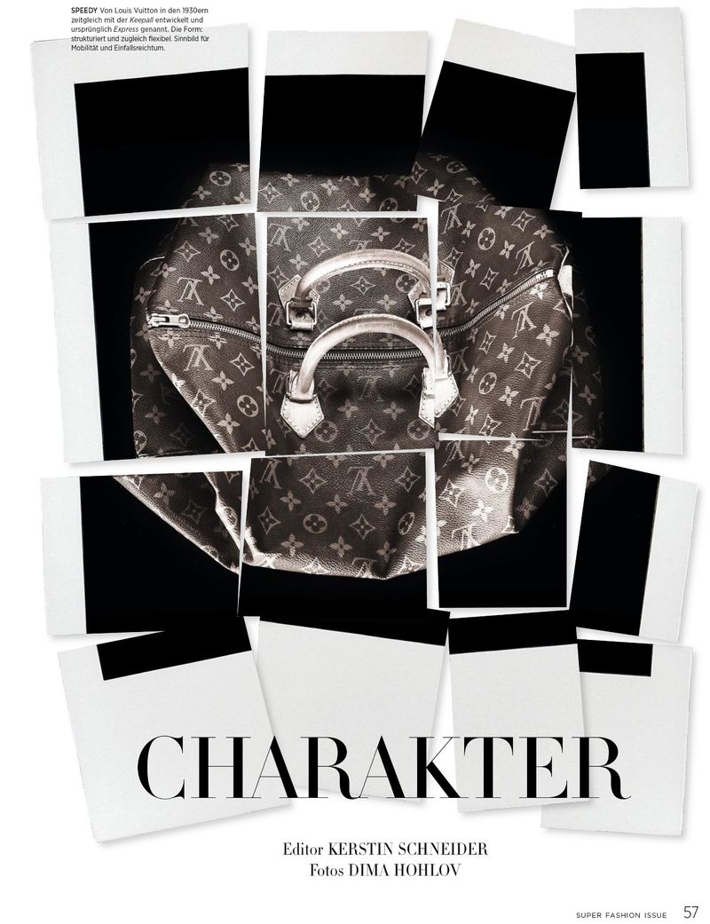 Fashion shot of a Louis Vuitton bag pieced together with black and white squares in a magazine editorial layout on white background.