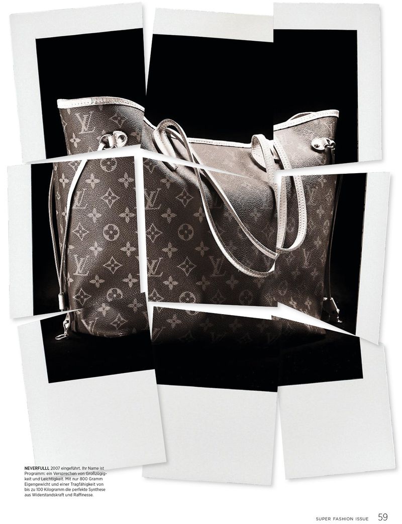 Louis Vuitton purse in fashion editorial-style studio shot, displayed in fragmented photo-booth style against a dark backdrop.