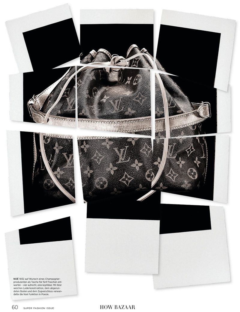 Luxury Louis Vuitton handbag presented in fragmented photo collage, emphasizing high fashion aesthetic against a dark backdrop.