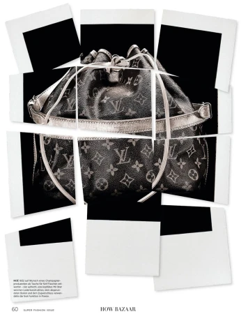 Luxury Louis Vuitton handbag presented in fragmented photo collage, emphasizing high fashion aesthetic against a dark backdrop.