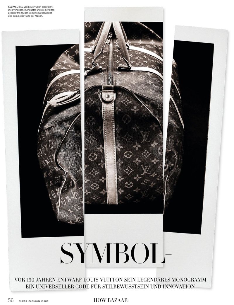 Louis Vuitton duffle bag split into vertical sections on a black background, fashion editorial promoting the luxury brand.
