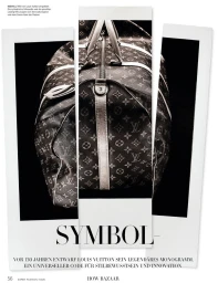 Monogram duffel bag split into three vertical panels with white borders over a black background for a magazine layout