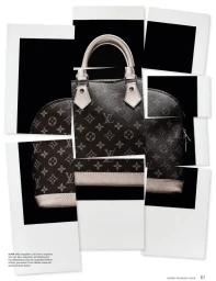 Collage of fragmented polaroid style prints showing a monogram handbag against black backgrounds for Harper's Bazaar Germany.