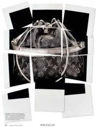 Monogram bucket bag featured in a layered collage of multiple overlapping instant photo prints