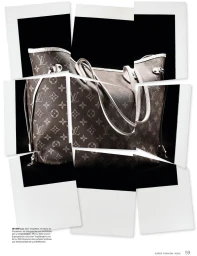 Monogram handbag shown in a fractured image composed of multiple overlapping photographic fragments against a dark background