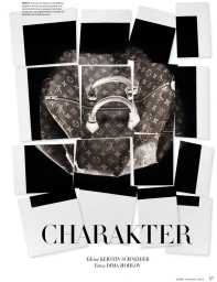 Collage of fragmented polaroid style photographic prints forming a monogram print duffel bag against a white background