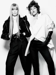 Two models in monochrome studio fashion editorial wearing black leather gloves and tailored clothing against a white background.
