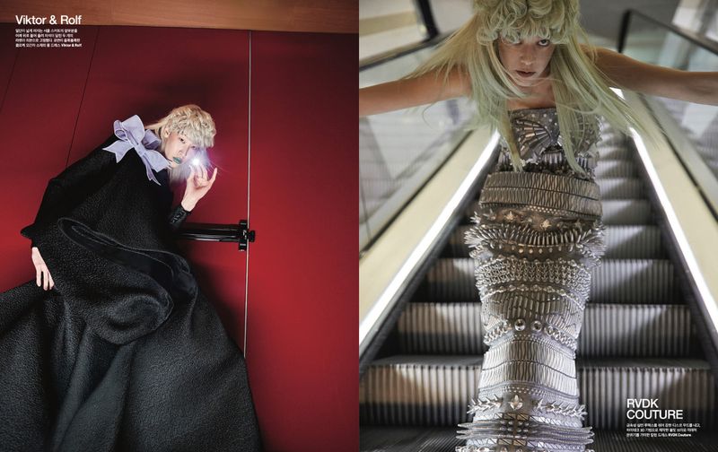 Fashion editorial featuring a woman in a black couture gown against a red wall and a woman in a silver gown on an escalator.