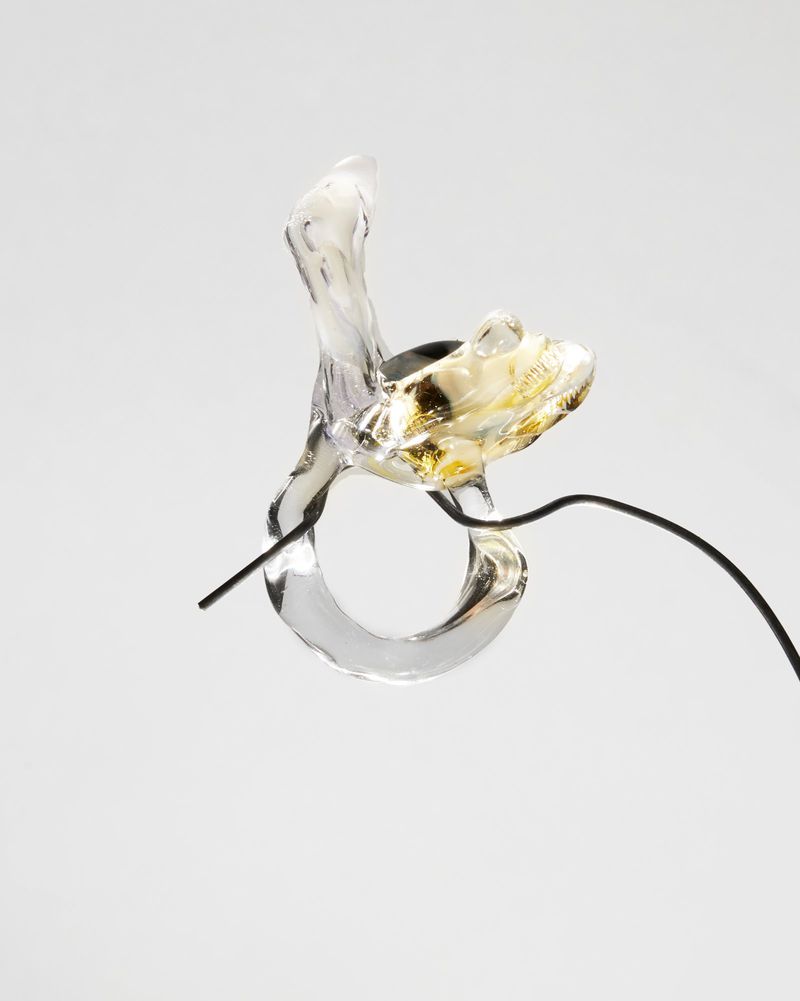 Abstract glass sculpture on a white background with intricate designs and a clear, translucent appearance with an attached black wire.