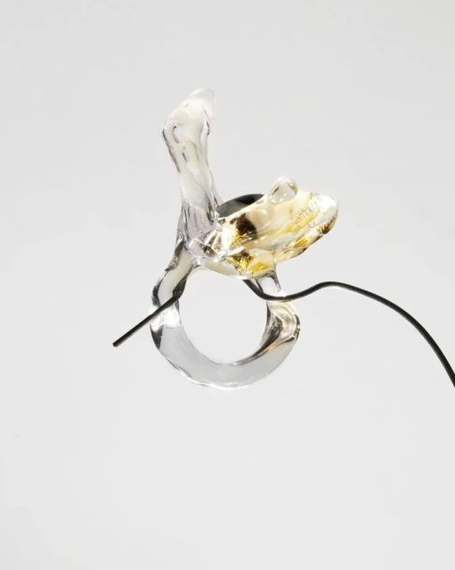 Abstract glass sculpture on a white background with intricate designs and a clear, translucent appearance with an attached black wire.