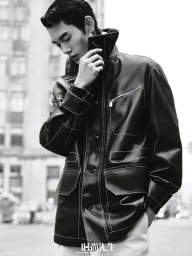Man wearing a dark leather jacket adjusting his collar against an out-of-focus city background