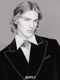 Portrait of a male model wearing a dark velvet jacket, light collared shirt, and large crystal brooch against a grey background.