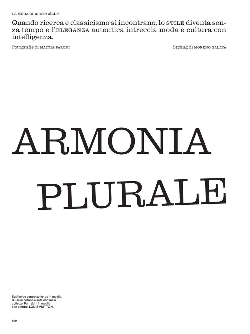 Black text on white background, fashion editorial featuring the words "Armonia Plurale" in large font, with brand information below.