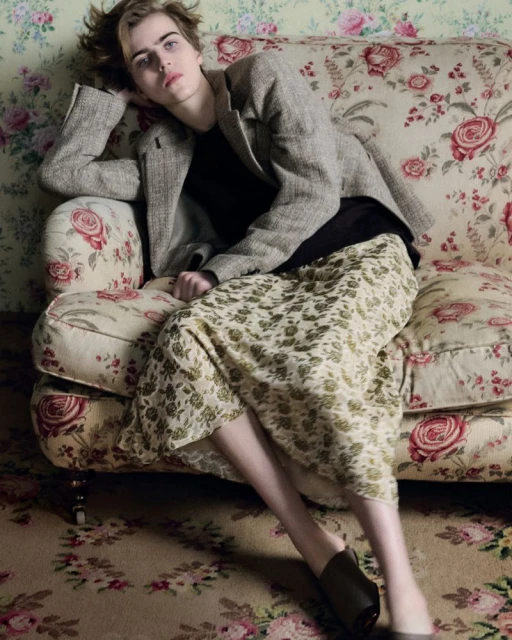 Young adult woman lounges on a floral sofa wearing a blazer and floral skirt, with matching floral wallpaper and carpeting.