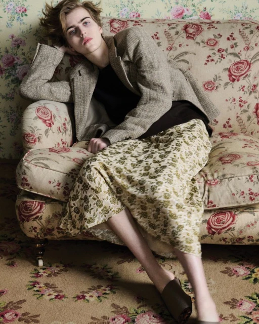 Adult woman relaxes on a floral couch in a tweed jacket and floral skirt in an indoor setting with floral wallpaper.