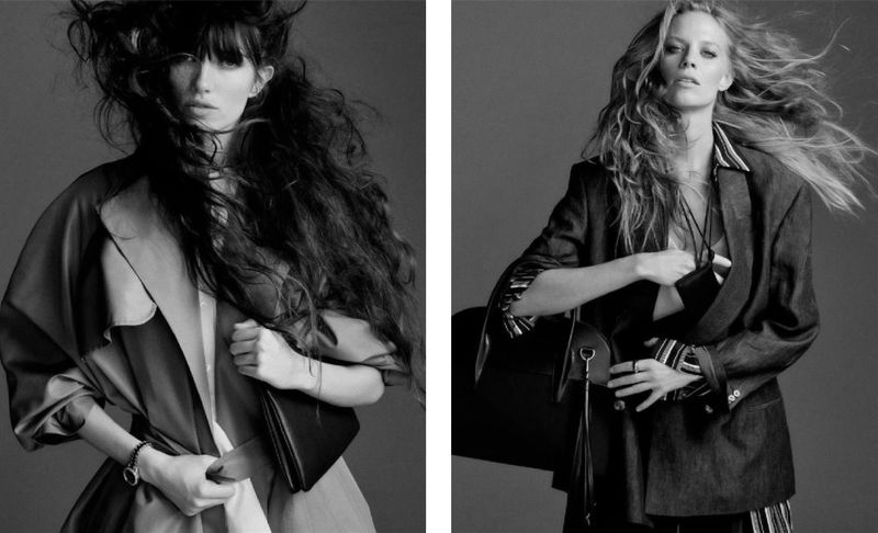 Two black and white fashion portraits of models with windswept hair wearing tailored coats and holding handbags against a plain background