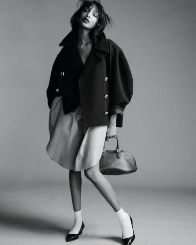 Model in dark double-breasted coat holding handbag against a seamless grey studio background