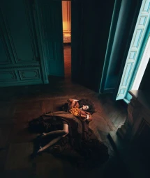 Model lying on wooden parquet floor in a dark room with teal paneled walls and open doors under dramatic natural light.