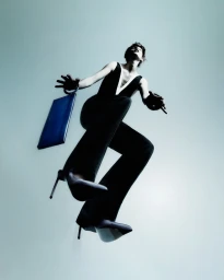 Model in black jumpsuit wearing high heels holding a blue handbag in mid air against a light grey studio background