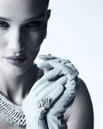 Close-up portrait of model Rosie Huntington-Whiteley wearing white gloves and diamond jewelry against a plain light background
