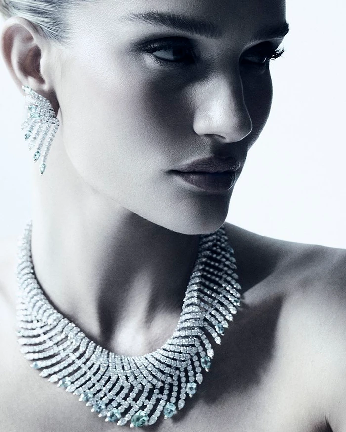 Close-up portrait of model Rosie Huntington-Whiteley wearing a diamond necklace and earrings against a white background