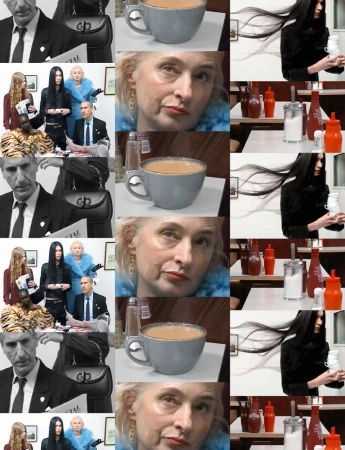 Collage featuring a group of people in formalwear, a cup of coffee, a woman's face, and a woman holding a bottle, set in a cafe environment.