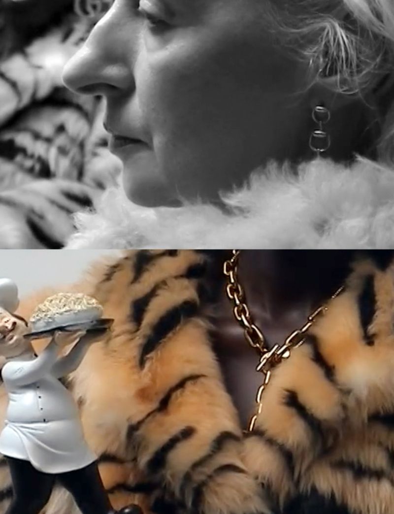 Split image of an adult woman with a chef figurine holding a cake and a tiger striped fur coat with a gold chain.