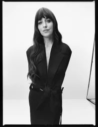 Dakota Johnson wearing a black blazer with a tied front against a white backdrop