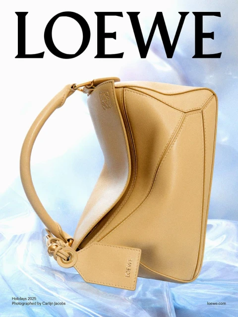 Tan leather Loewe handbag displayed on a light blue background with a soft, rippled texture. Loewe logo in the upper left corner.