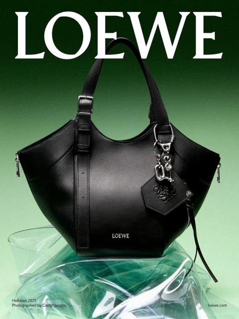 Black LOEWE handbag with pendant on a light green surface. Fashion shot for holidays. Brand logo is visible.