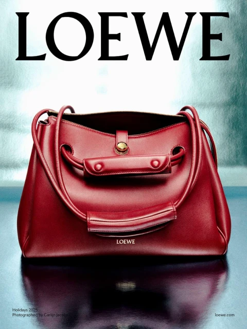 Burgundy leather Loewe handbag in a studio setting, showcasing its refined design and texture. Ideal for fashion and luxury accessories.