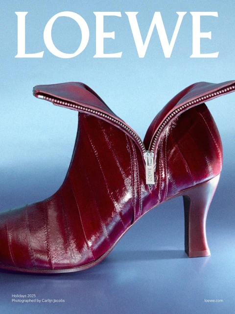 Loewe ad featuring a high-heeled, burgundy leather boot with a zipper closure on a blue background, showcasing fashion footwear.