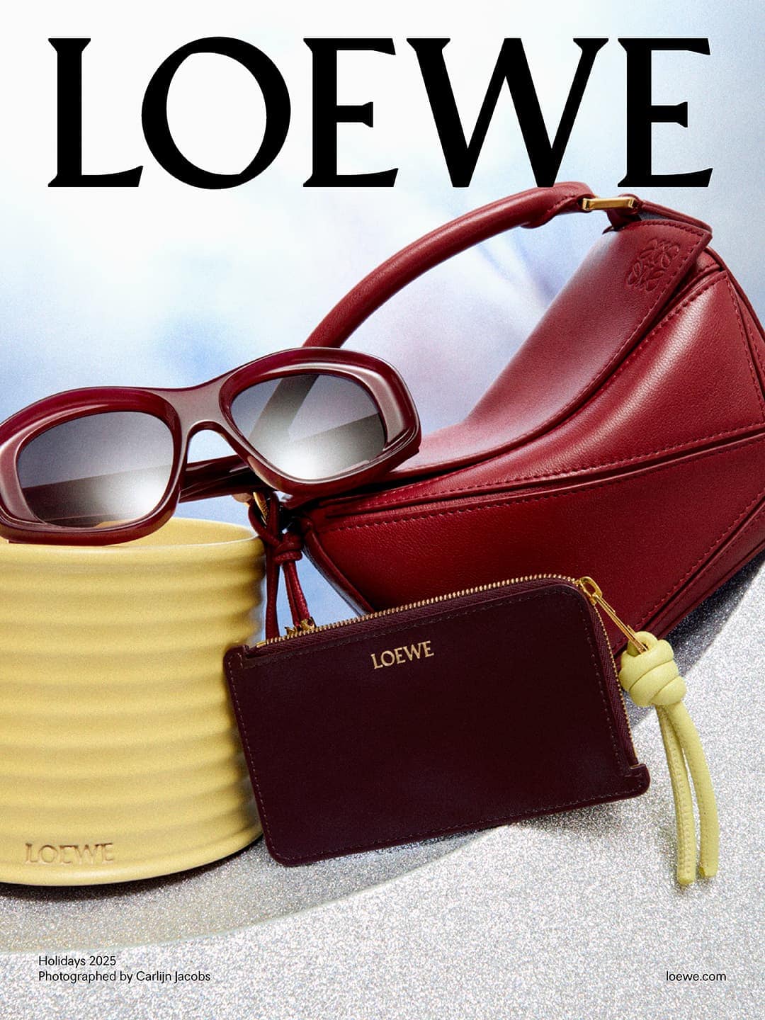 Loewe accessories: a burgundy leather purse, sunglasses, a yellow pot, and a card holder are showcased on a shimmering background.