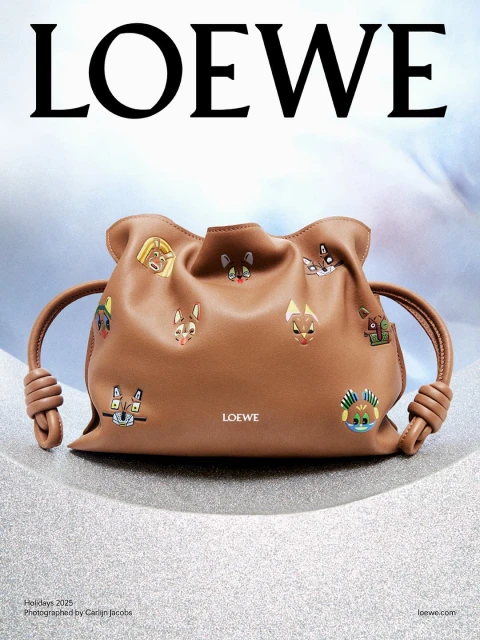 Loewe purse with cartoon animal embroidery on a gradient gray and blue background, showcasing a blend of fashion and playful design.