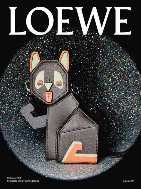 Loewe's Holiday 2023 campaign features a dog-shaped brown leather handbag with geometric detailing against a glittery black background.