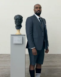 Yahya Abdul-Mateen II standing next to a classical bust on a pedestal wearing a Thom Browne grey suit shorts ensemble.