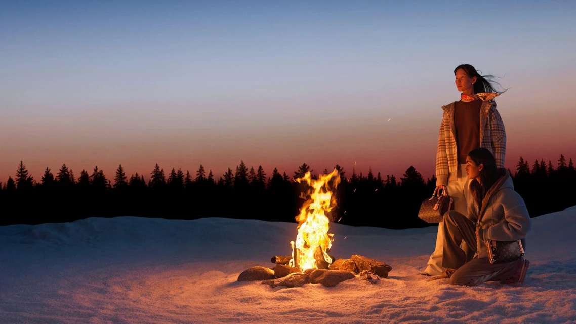 Two women in winter fashion near a campfire at dusk with snowy ground and silhouetted forest, creating a warm and stylish outdoor scene.
