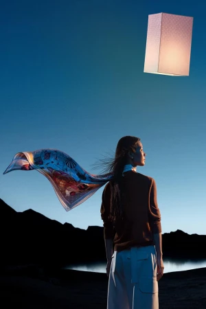 Woman in brown sweater and white pants with a patterned scarf blowing in the wind, under a lantern, against a blue dusk sky.