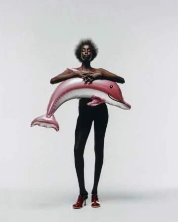 Full shot of an adult female with dark skin holding a pink dolphin balloon in a photo studio, wearing dark leggings and dark red mules.
